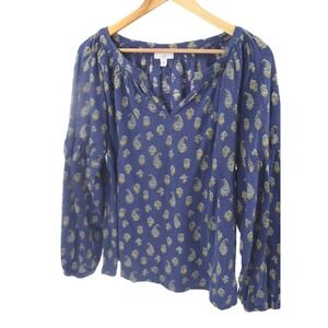 J‎ Jill Blue Paisley Print Long Sleeve Boho Peasant Blouse Top Women L